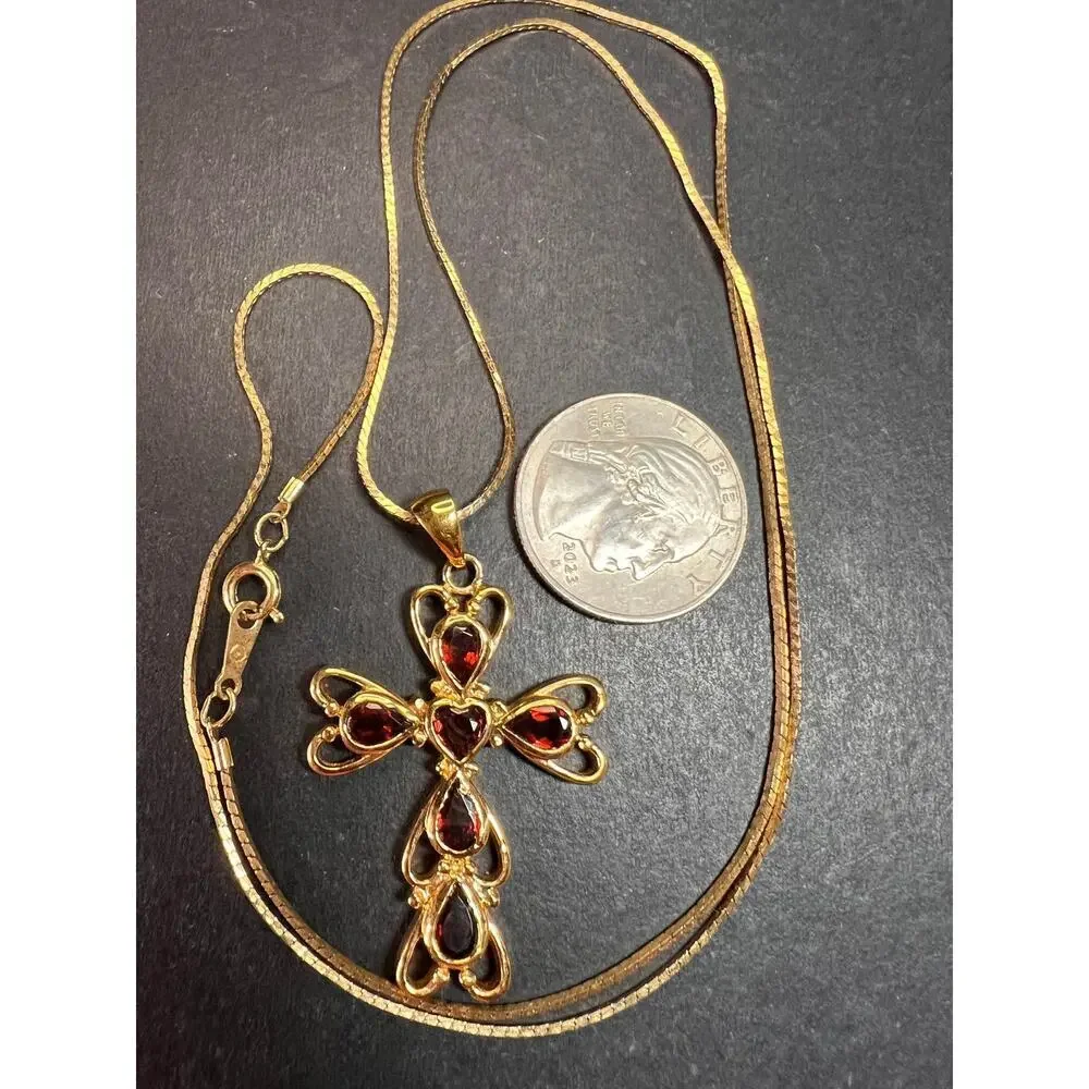 Vintage SETA Garnet Cross Pendant Necklace Gold Tone 24” - Picture 4 of 13
